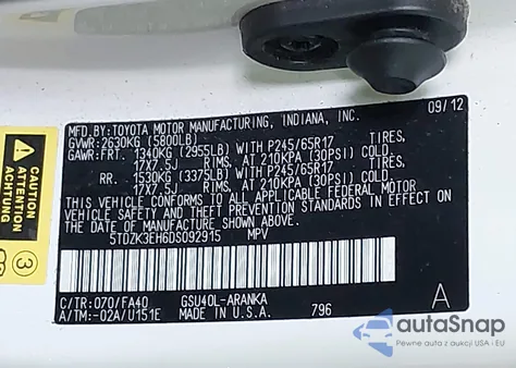 2013 Toyota Highlander Base Plus V6 from USA, damaged, VIN 5TDZK3EH6DS092915